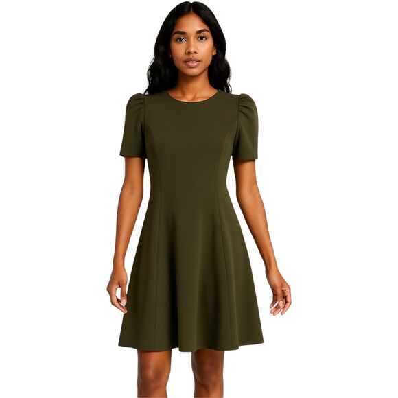 NWT Karl Lagerfeld Paris Short Puff-Sleeve Scuba Crepe Dress Size 8 Olive Green - Picture 3 of 16